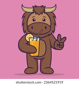 Cute bull holding orange juice in glass. Animal cartoon concept isolated. Can used for t-shirt, greeting card, invitation card or mascot.