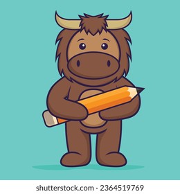 Cute bull holding a pencil. Animal cartoon concept isolated. Can used for t-shirt, greeting card, invitation card or mascot.