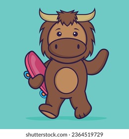 Cute bull holding a skateboard. Animal cartoon concept isolated. Can used for t-shirt, greeting card, invitation card or mascot.