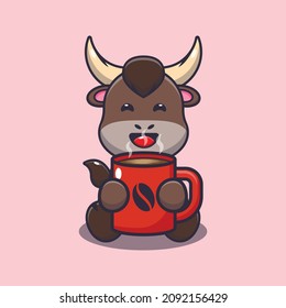 Cute bull with hot coffee