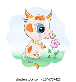 Cute Bull Isolated on a beautiful background with a flower. 