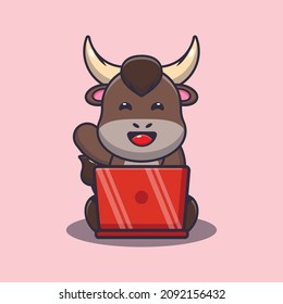 Cute bull with laptop. Cute cartoon animal illustration.