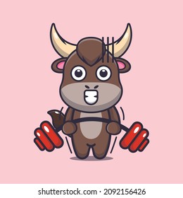 Cute bull lifting barbell. Cute cartoon animal illustration.