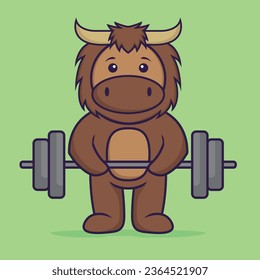 Cute bull lifts the barbell. Animal cartoon concept isolated. Can used for t-shirt, greeting card, invitation card or mascot.
