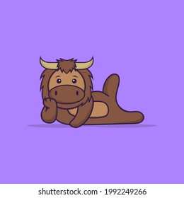 Cute bull lying down. Animal cartoon concept isolated. Can used for t-shirt, greeting card, invitation card or mascot.