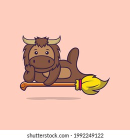 Cute bull lying on Magic Broom. Animal cartoon concept isolated. Can used for t-shirt, greeting card, invitation card or mascot.