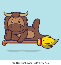 Cute bull lying on Magic Broom. Animal cartoon concept isolated. Can used for t-shirt, greeting card, invitation card or mascot.