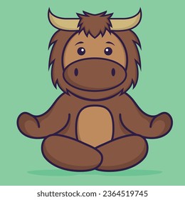 Cute bull is meditating or doing yoga. Animal cartoon concept isolated. Can used for t-shirt, greeting card, invitation card or mascot.