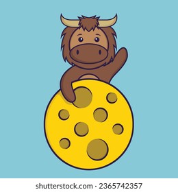 Cute bull is on the moon. Animal cartoon concept isolated. Can used for t-shirt, greeting card, invitation card or mascot.
