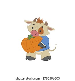 Toro, buey o bisonte cogiendo una calabaza. Año chino del símbolo del toro 2021. Estilo dibujado a mano. Ilustración vectorial de octubre.