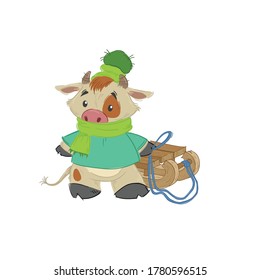 Cute bull, ox or bison taking a wooden sledges. 2021 chinese year of bull symbol. Cartoon hand drawn style. January holidays vector illustration.