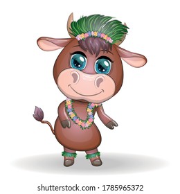 Cute bull, ox character of Hawaiian hula dancer. Cheerful ox dancing. 2021 Year animal symbol. Chinese new year Cute Bull mascot