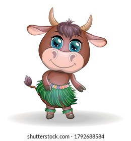 Cute bull, ox character of Hawaiian hula dancer. Cheerful ox dancing. 2021 Year animal symbol. Chinese new year Cute Bull mascot