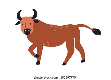 Cute bull or ox isolated on white background. Funny buffalo animal. Colored flat vector illustration of wild horny character isolated on white background