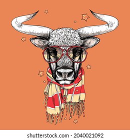 Cute bull in a plaid scarf. Stylish image for printing on any surface	