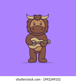 Cute bull playing guitar. Animal cartoon concept isolated. Can used for t-shirt, greeting card, invitation card or mascot.