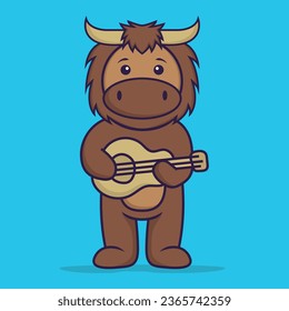 Cute bull playing guitar. Animal cartoon concept isolated. Can used for t-shirt, greeting card, invitation card or mascot.