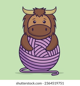 Cute bull playing with wool yarn. Animal cartoon concept isolated. Can used for t-shirt, greeting card, invitation card or mascot.