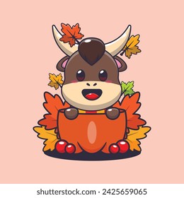 Cute bull in a pumpkin at autumn season. Mascot cartoon vector illustration suitable for poster, brochure, web, mascot, sticker, logo and icon.