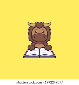 Cute bull reading a book. Animal cartoon concept isolated. Can used for t-shirt, greeting card, invitation card or mascot.