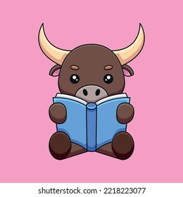 cute bull reading book cartoon mascot doodle art hand drawn concept vector kawaii icon illustration