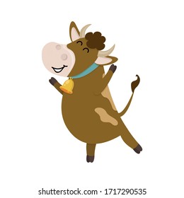 Cute bull rejoices raising arms up. Vector illustration for your design