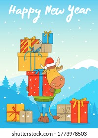 Cute bull in a Santa hat. Cartoon character on the background of a winter landscape with a bunch of gift boxes. Colorful vector illustration. Happy New Year 2021.