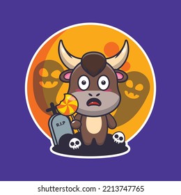 Cute bull scared by ghost in halloween day. Cute halloween cartoon illustration.