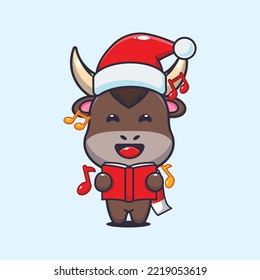 Cute bull sing a christmas song. Cute christmas cartoon illustration. 