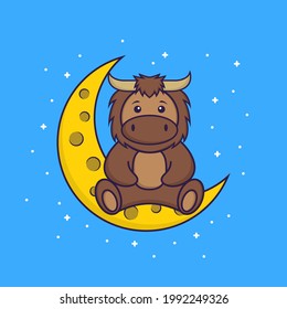Cute bull is sitting on the moon. Animal cartoon concept isolated. Can used for t-shirt, greeting card, invitation card or mascot.