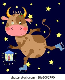 Cute bull skates with lantern. Vector illustration for greeting card, print, poster and invitation.