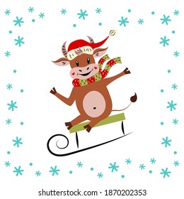 Cute bull sledding and snowflakes. Cartoon character. Symbol of the New Year. Christmas. Winter sport. Copy space. Flat design. Vector illustration. Funny animal. Isolated image white background.