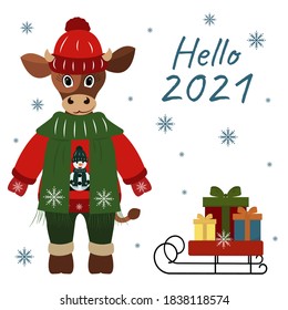 Cute bull with sleigh full of gifts. Symbol of 2021. New Year vector for design