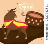 Cute bull with spanish flags next to a bullring Spain culture template Vector