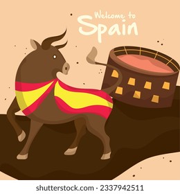 Cute bull with spanish flags next to a bullring Spain culture template Vector