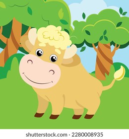 A cute bull stands on a green meadow. Illustration in children's cartoon style. Domestic animals in nature.