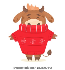 Cute bull in a sweater. Year of the bull. Vector illustration in flat cartoon style.