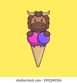 Cute bull with sweet ice cream. Animal cartoon concept isolated. Can used for t-shirt, greeting card, invitation card or mascot.