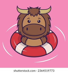 Cute bull is Swimming with a buoy. Animal cartoon concept isolated. Can used for t-shirt, greeting card, invitation card or mascot.
