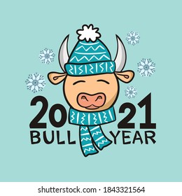 Cute bull  symbol of 2021 in a knitted hat and scarf. Blue New Year banner. 2021 calendar emblem. Vector illustration for the design of Chinese New Year cards and posters.