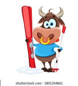 Cute bull, the symbol of Chinese New Year, cartoon buffalo standing with skis. Merry Christmas 2021. Vector illustration