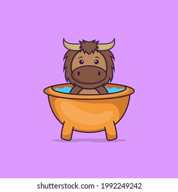 Cute bull taking a bath in the bathtub. Animal cartoon concept isolated. Can used for t-shirt, greeting card, invitation card or mascot.