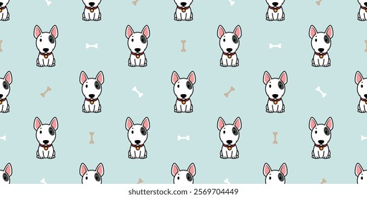 Cute bull terrier dog with bone cartoon seamless pattern, vector illustration