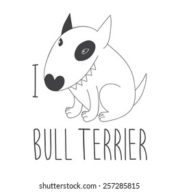 Cute Bull Terrier dog with the inscription I love Bull Terrier. Vector Illustration.