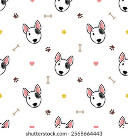 Cute bull terrier dog seamless pattern cartoon, vector illustration