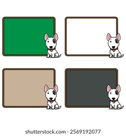 Cute bull terrier dog sitting with text frame cartoon collection set, vector illustration