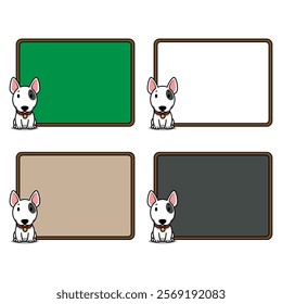 Cute bull terrier dog sitting with text frame cartoon collection set, vector illustration