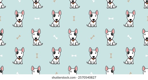 Cute bull terrier dog sitting with bone cartoon seamless pattern, vector illustration