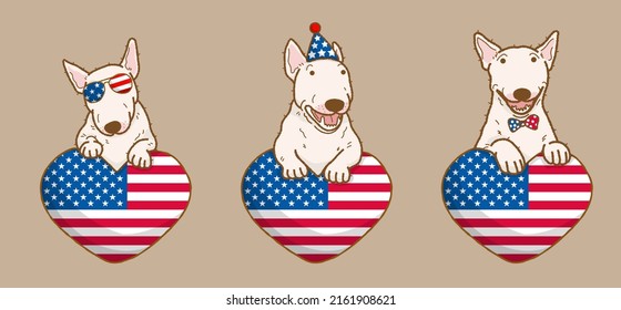 Cute bull terrier dog with USA flag heat American independence day 4th of July and memorial day Vector