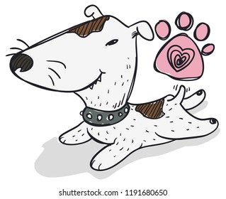 Cute bull terrier with mischievous smile, laying down on the floor moving its tail for more fun and a blue paw.